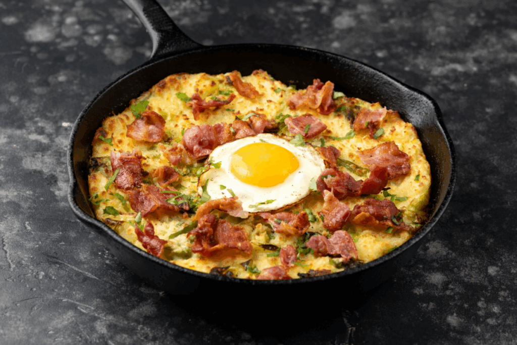 Uma frigideira de ferro fundido contendo um prato de batatas com bacon crocante, coberto com um ovo frito no centro e polvilhado com ervas.