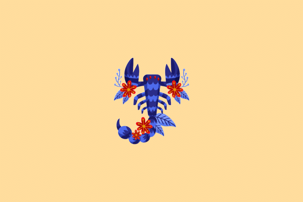 Ilustração estilizada do signo de Escorpião. No centro, um escorpião azul com tons arroxeados visto de cima, decorado com flores vermelhas de miolo amarelo e ramos de folhas azuis ao longo do corpo e da cauda. O fundo é de cor amarela clara uniforme.