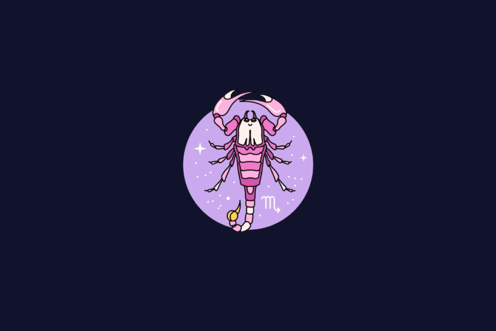 Ilustração do signo de Escorpião, mostrando um escorpião rosa estilizado visto de cima, dentro de um círculo lilás.