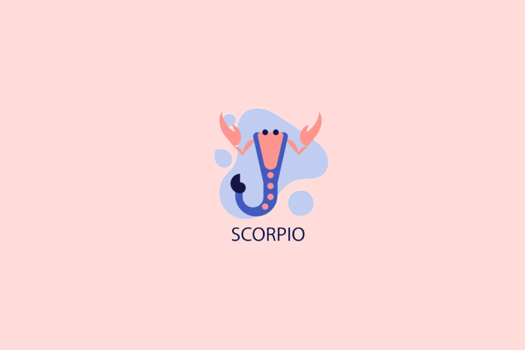 Ilustração minimalista de um escorpião azul e rosa com as garras levantadas sobre formas azuis claras e fundo rosa, com a palavra "SCORPIO" escrita abaixo.