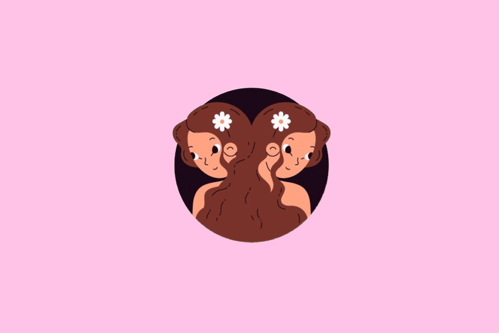 Ilustração de duas mulheres idênticas, de perfil e costas uma para a outra, com cabelos castanhos presos e uma flor branca em cada lado