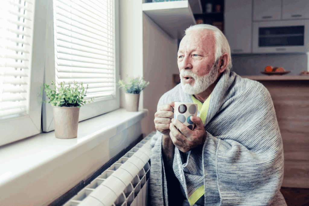 Homem idoso de barba branca, envolvido em um cobertor cinza, segura uma caneca estampada com as duas mãos próximas ao peito. Ele está sentado próximo a um radiador de aquecimento e olha pensativo em direção a uma janela com persianas, com uma expressão de quem sente frio ou busca se aquecer.
