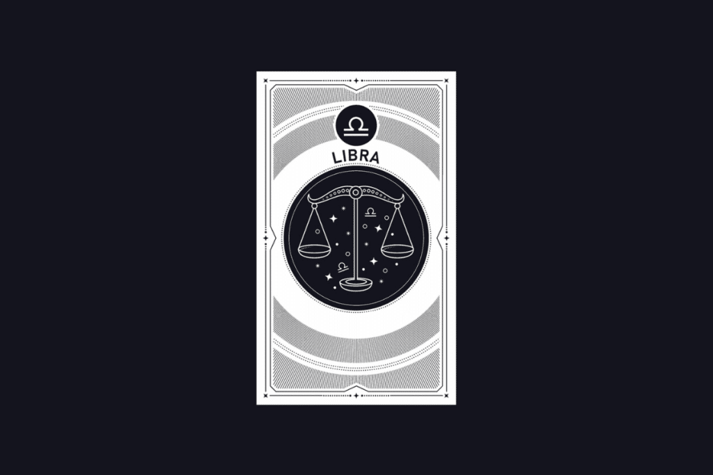 Ilustração em estilo carta de tarot em preto e branco do signo de Libra, contendo o símbolo do signo, a palavra "LIBRA" e uma balança no centro.