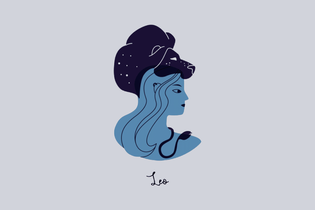 Aqui está uma opção de texto alternativo simplificado e direto para a imagem:

Ilustração minimalista de perfil de uma mulher azul usando um adereço de cabeça em formato de leão azul-escuro com pequenos pontos brancos sobre um fundo cinza, com a palavra "Leo" escrita abaixo.