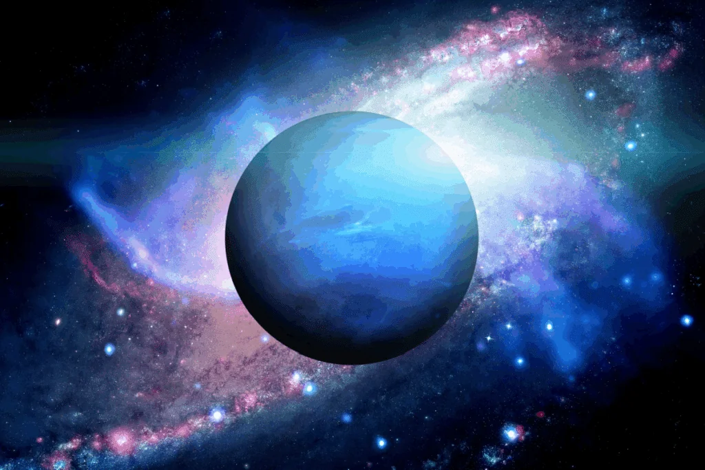 Imagem do planeta Netuno em azul, em fundo com galáxias e estrelas 