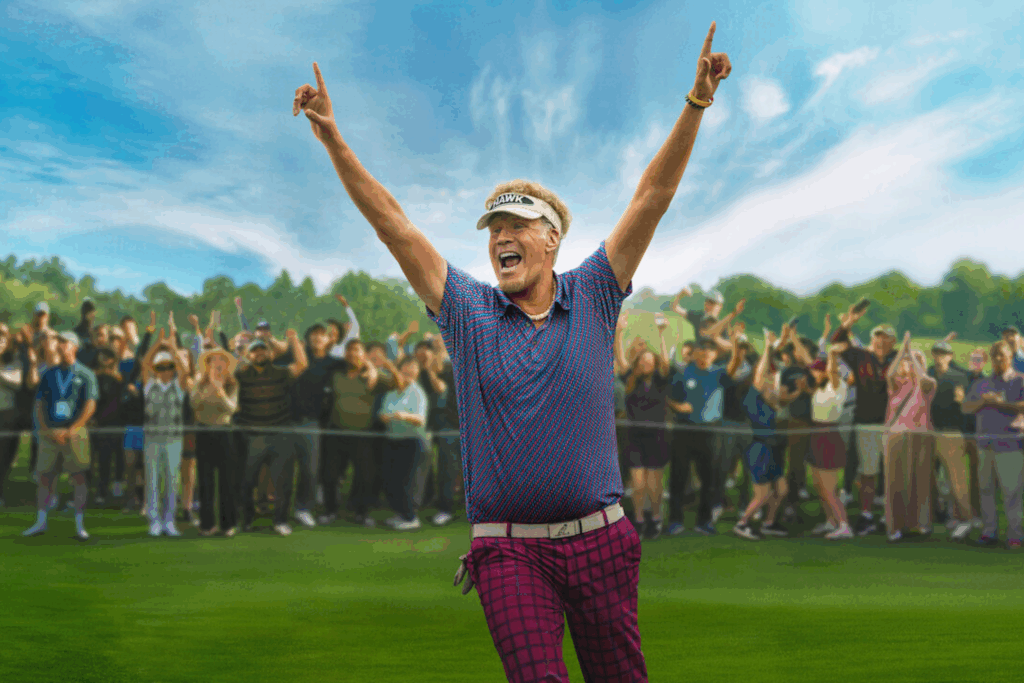 O golfista veterano Lonnie Hawkins, interpretado por Will Ferrell, comemora efusivamente de braços erguidos e boca aberta em um campo de golfe, com uma multidão de espectadores aplaudindo ao fundo.