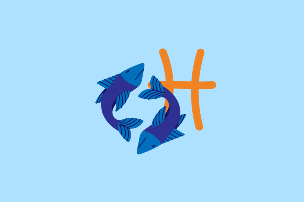 Ilustração vetorial sobre fundo azul-claro representando o signo de Peixes. Mostra dois peixes azuis nadando em círculo em direções opostas, com o símbolo astrológico de Peixes em tom laranja ao fundo.