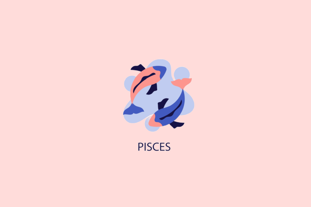 Ilustração minimalista de dois peixes nas cores azul e rosa nadando em círculo sobre formas azuis claras e fundo rosa, com a palavra "PISCES" escrita abaixo.