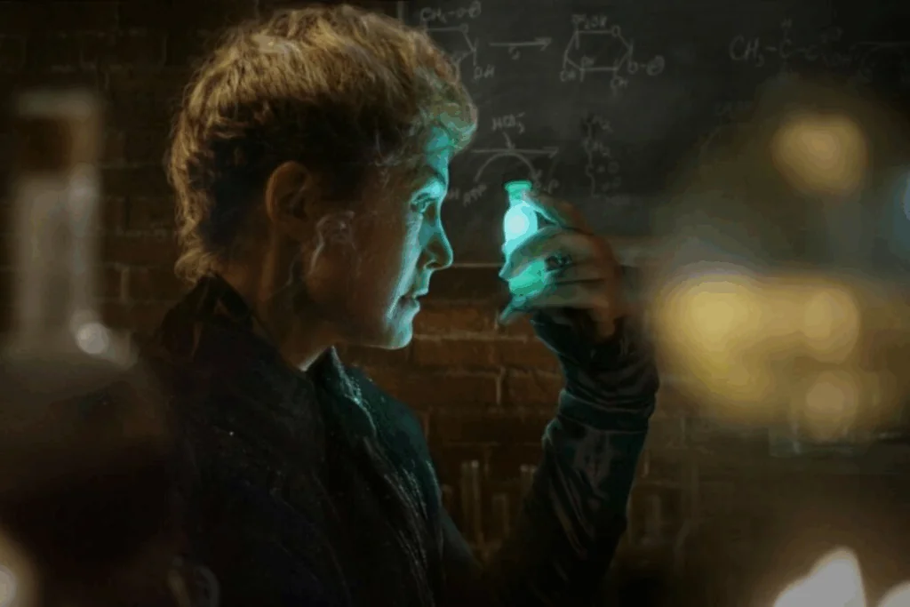 Mulher de perfil em um laboratório escuro, observando fixamente um pequeno frasco de vidro que emite uma intensa luz verde brilhante, com fórmulas químicas desenhadas em uma lousa ao fundo.