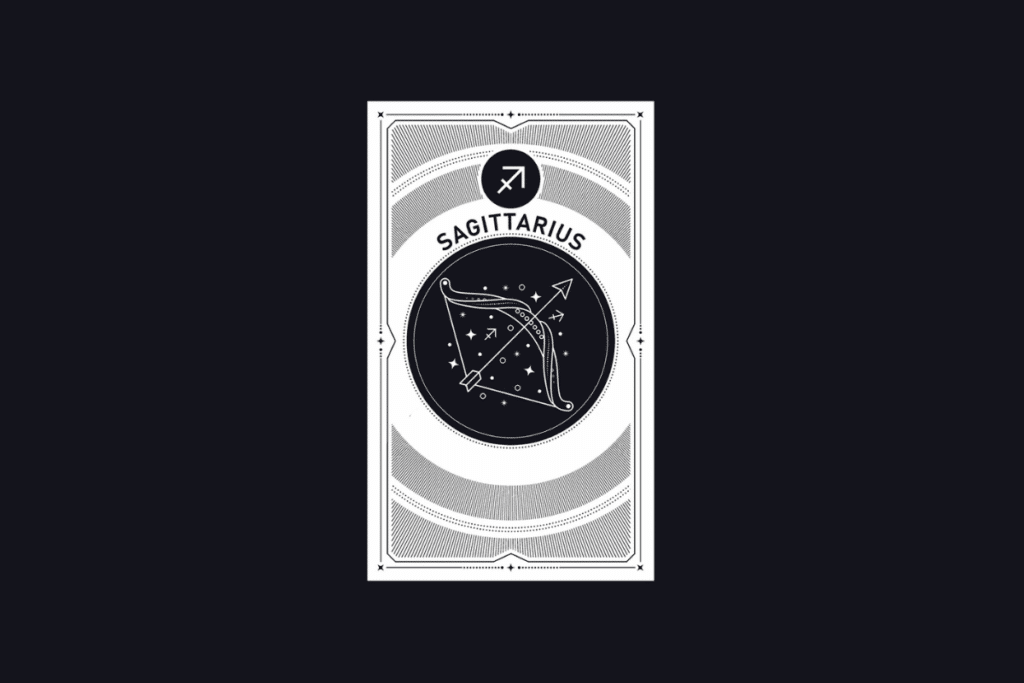 Ilustração em estilo carta de tarot em preto e branco do signo de Sagitário, contendo o símbolo do signo, a palavra "SAGITTARIUS" e um arco com flecha no centro.