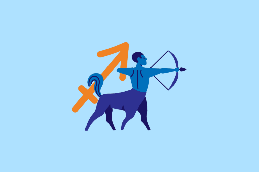 Ilustração vetorial sobre fundo azul-claro representando o signo de Sagitário. Mostra um centauro em tons de azul apontando um arco e flecha para a direita, com o símbolo astrológico de Sagitário em tom laranja ao fundo.