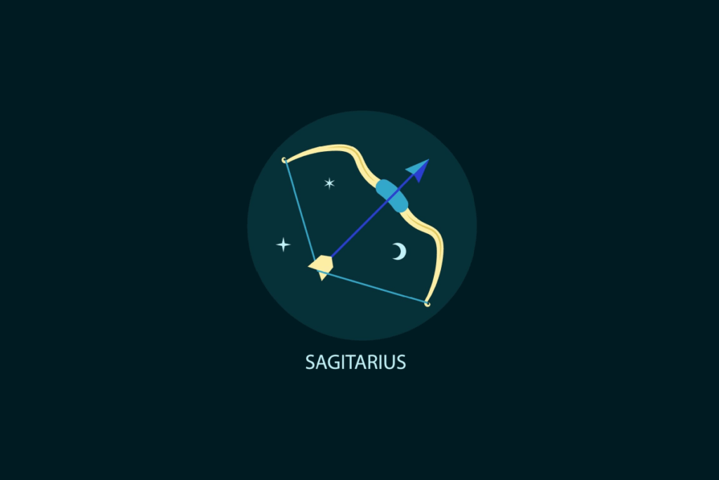 Ilustração vetorial do signo de Sagitário em um círculo azul-escuro sobre fundo preto. Mostra um arco amarelo tensionado com uma flecha azul apontada para cima e para a direita, acompanhado por uma lua crescente e estrelas brancas. Abaixo, consta o texto "SAGITARIUS".