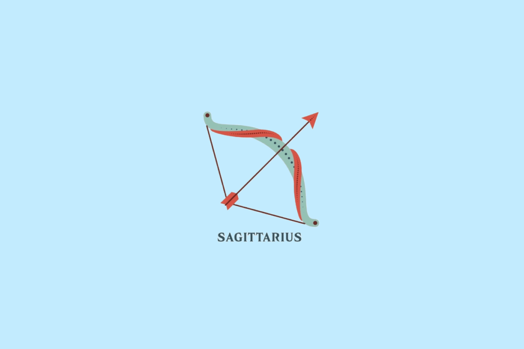 Ilustração estilizada de um arco e flecha em tons de verde e vermelho, com a palavra "SAGITTARIUS" escrita abaixo.