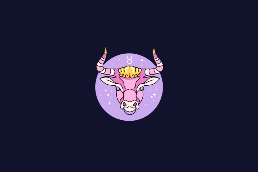 Ilustração do signo de Touro, mostrando a cabeça de um touro rosa estilizado com chifres listrados e topete amarelo, dentro de um círculo lilás.