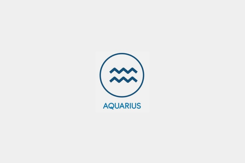 Círculo azul com o símbolo do signo de Aquário ao centro e o nome do signo abaixo, sobre um fundo cinza-claro