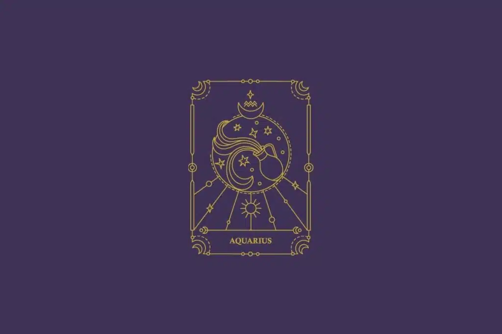 Ilustração do signo de aquário em dourado com detalhes na mesma cor ao redor. Fundo roxo-escuro
