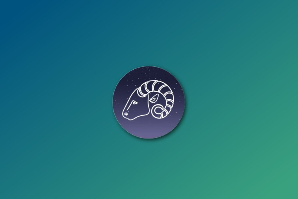 círculo azul com ilustração branca da cabeça de um carneiro representando o signo de áries sobre fundo verde