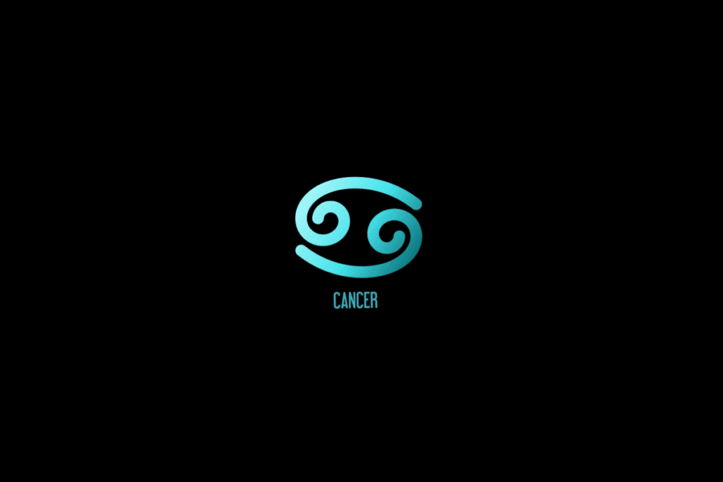 Ilustração do signo de câncer em azul, com o nome do signo abaixo, centralizado em fundo preto