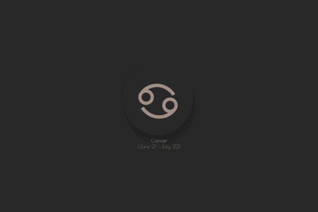 Ilustração do símbolo do signo de Câncer na cor bege, centralizado em um fundo preto, com sombra ao fundo e o nome e a data do signo abaixo