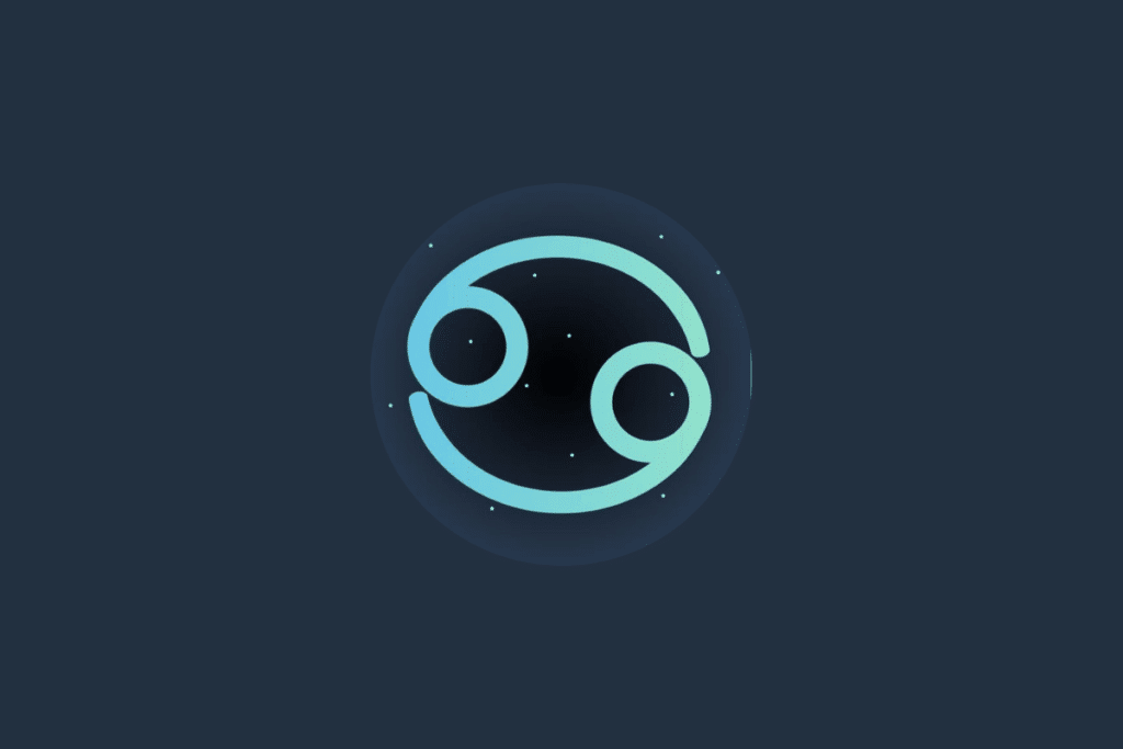 Ilustração do signo de câncer, em verde-claro e cercado por estrelas, centralizado em fundo verde-escuro