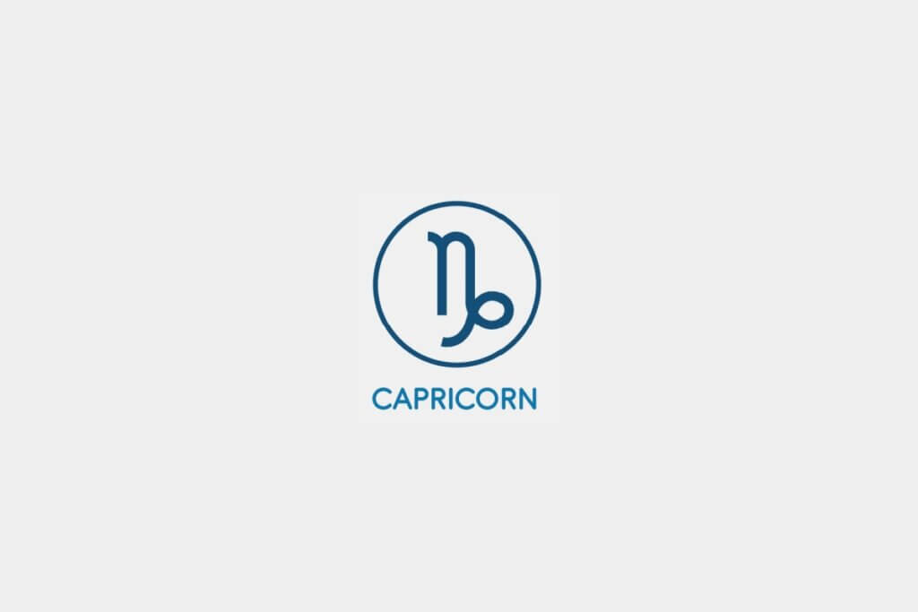 Círculo azul com o símbolo do signo de Capricórnio ao centro e o nome do signo abaixo, sobre um fundo cinza-claro