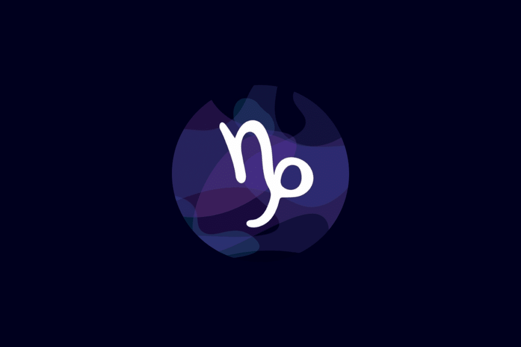 Ilustração do símbolo do signo de capricórnio em branco, centralizado sobre um círculo com tons de azul e roxo, em fundo azul-escuro.