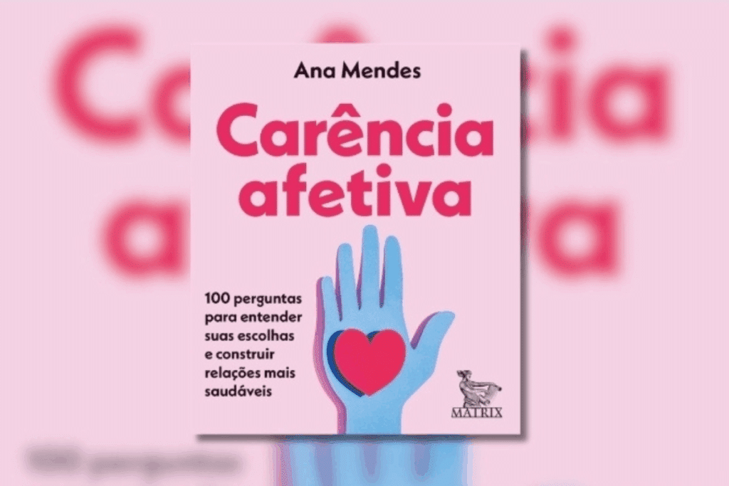Capa do livro " Carência afetiva", com a ilustração de uma mão azul com coração vermelho. Fundo rosa 