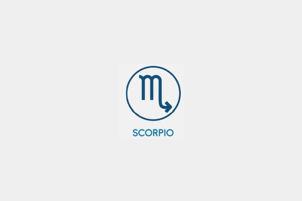 Círculo azul com o símbolo do signo de Escorpião ao centro e o nome do signo abaixo, sobre um fundo cinza-claro