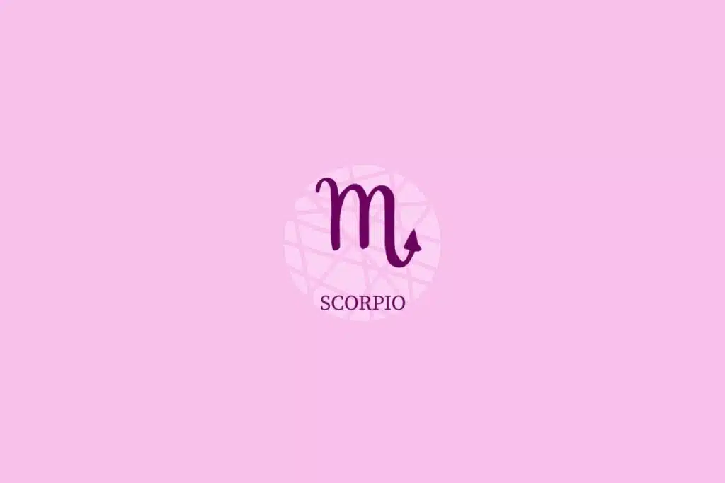 Ilustração de círculo lilás-claro com desenho e nome do signo de escorpião sobre fundo lilás