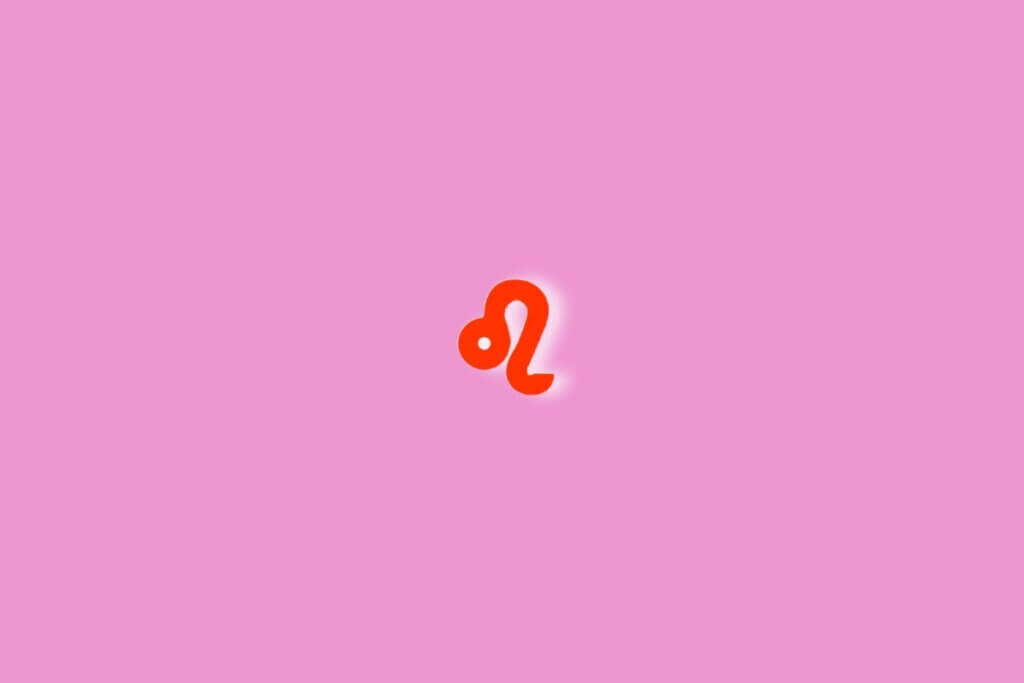 Fundo rosa com o símbolo do signo de leão em vermelho no centro da imagem. Luz branca ao redor dele