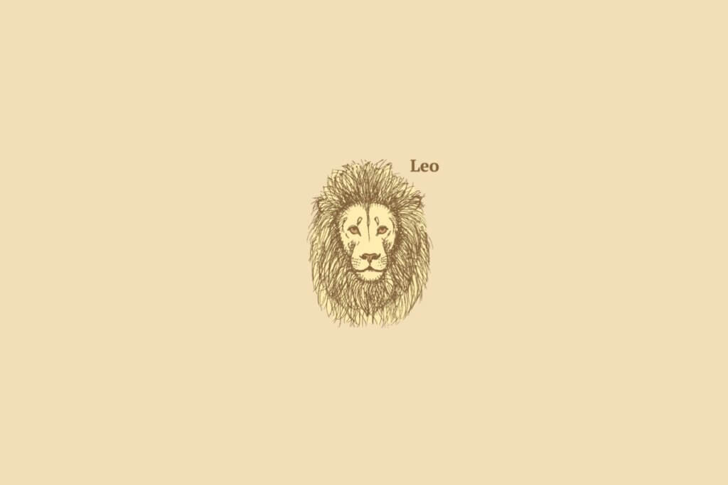 Ilustração do signo de leão centralizado, com o nome do signo embaixo, em um fundo rosa-salmão