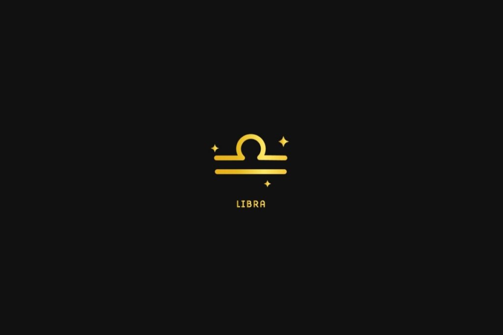 Ilustração do signo de libra em dourado, sobre um fundo preto, com estrelas ao redor
