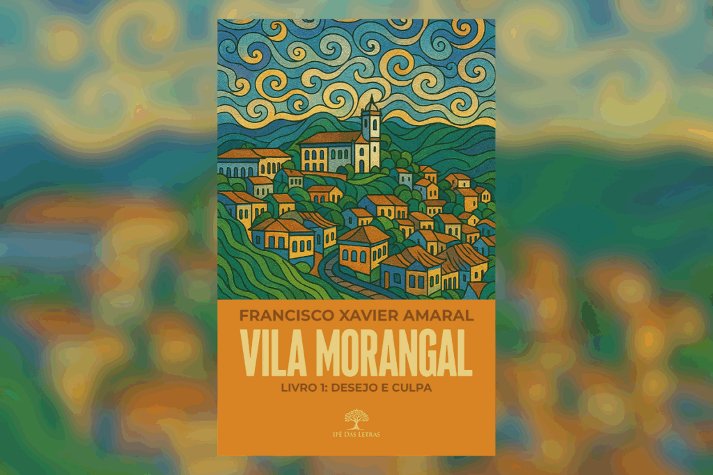 Capa de livro com título em laranja, e autor em marrom com ilustração de cidade ao fundo colorida