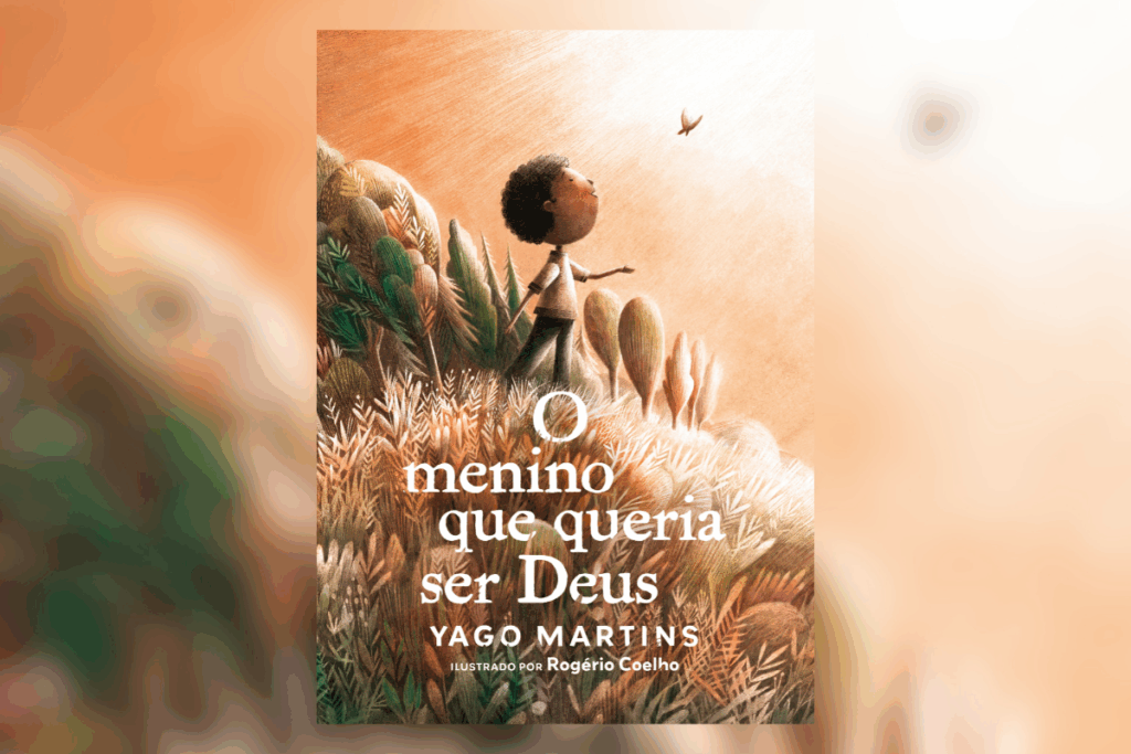 Capa de livro com título e nome do autor em branco, com ilustração de um menino olhando uma borboleta voando em campo florido