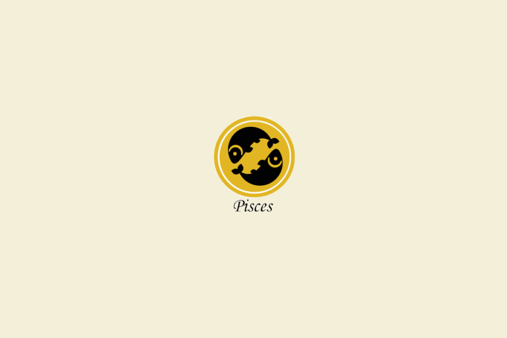 Ilustração dois peixes, dentro de um círculo amarelo-escuro, representando o signo de peixes, em fundo amarelo-claro