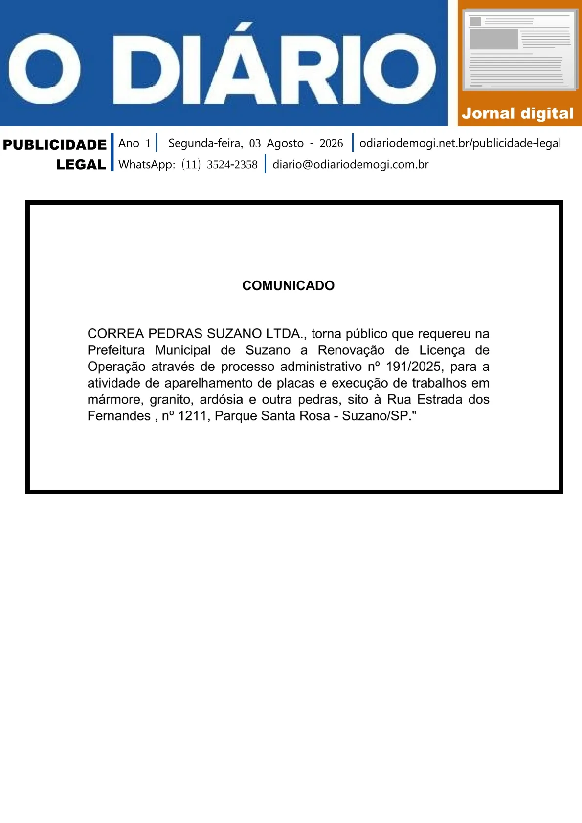 Segunda-feira, 03 de Agosto