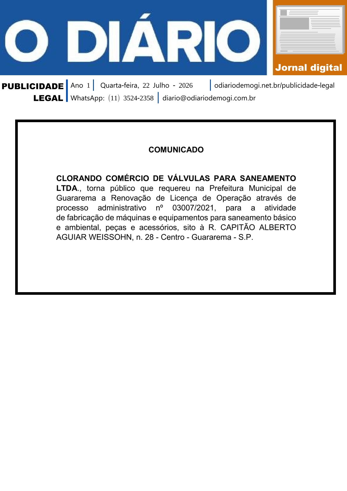 Quarta-feira, 22 de Julho