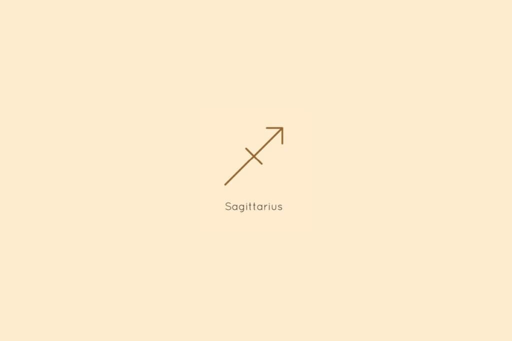 Ilustração do signo de sagitário, centralizado em um fundo amarelo, com o nome do signo abaixo