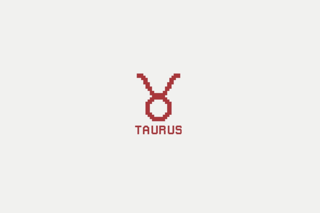 Ilustração do signo de touro em vermelho e com o nome abaixo, centralizado em um fundo cinza-claro