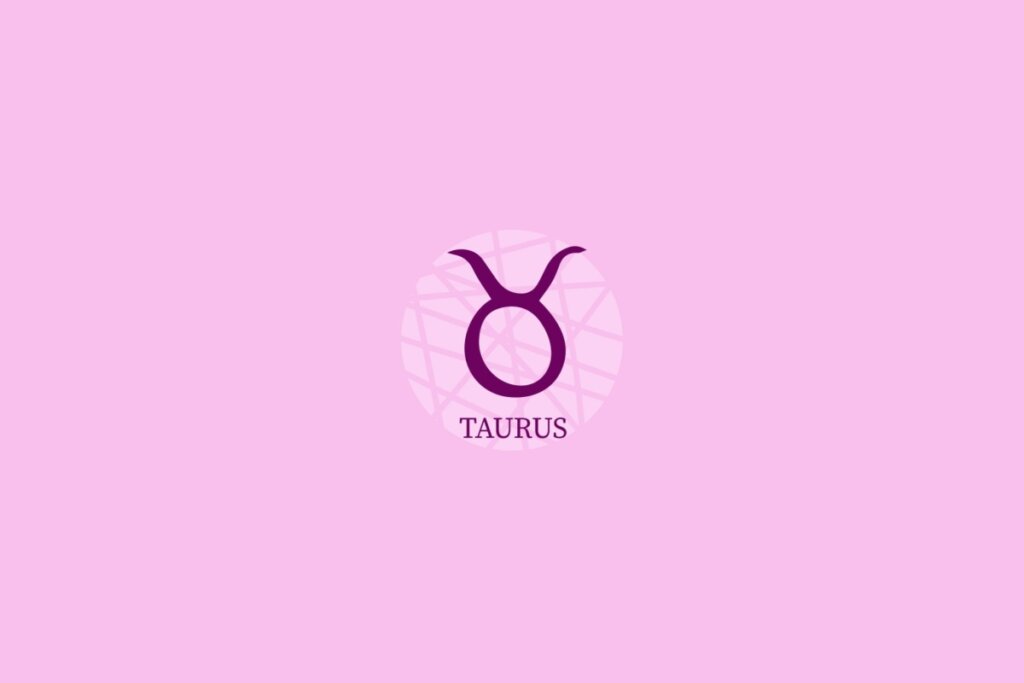 Ilustração de círculo lilás-claro com desenho e nome do signo de touro sobre fundo lilás