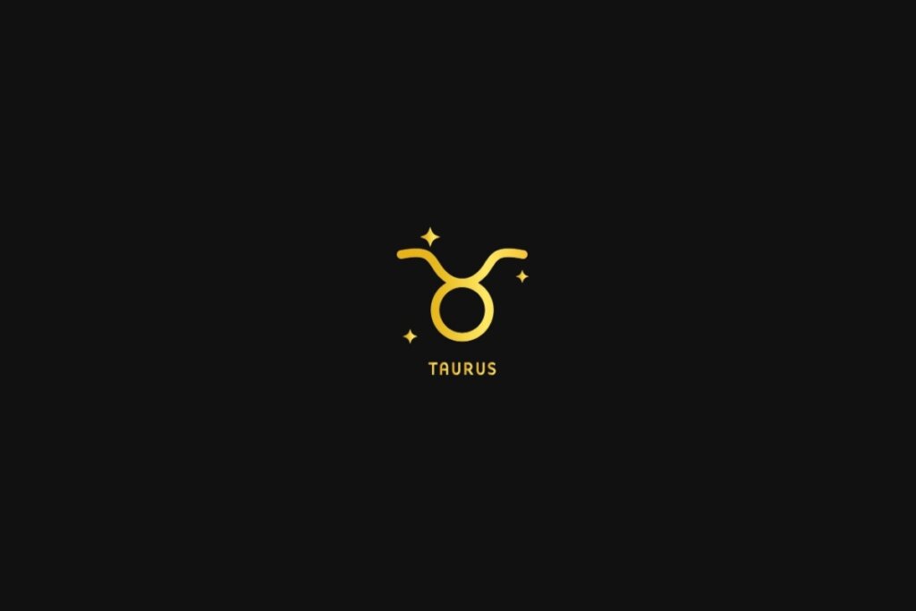 Ilustração do signo de touro em dourado, sobre um fundo preto, com estrelas ao redor
