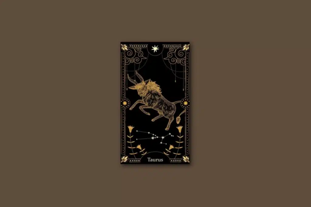 Ilustração de uma carta preta, com o desenho do signo e da constelação de áries, com borda dourada e estrelas