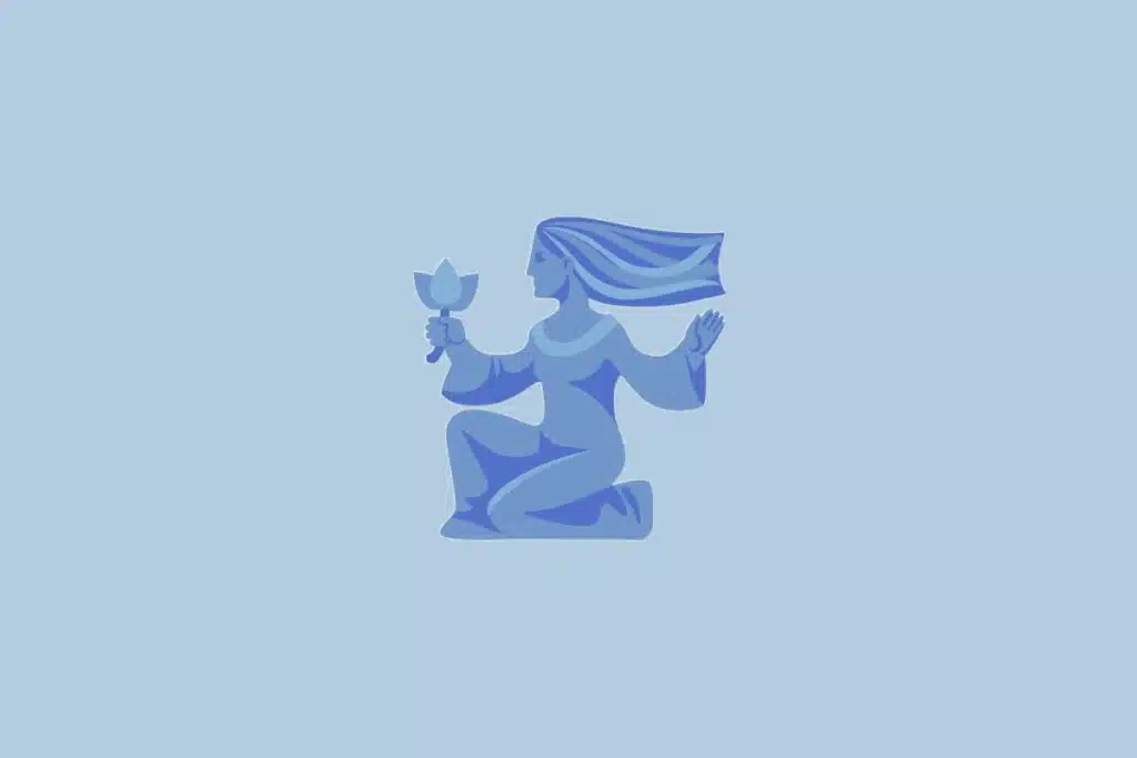 Ilustração do signo Virgem, com uma mulher azul ajoelhada segurando uma flor, sobre fundo azul-claro