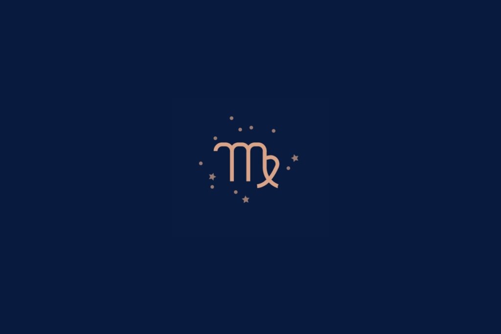 Ilustração do signo de virgem rodeado por estrelas em um fundo azul-escuro