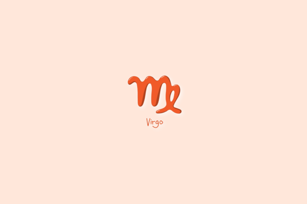 Ilustração do signo de virgem, na cor laranja-escuro, com o nome abaixo e centralizado em fundo laranja-claro