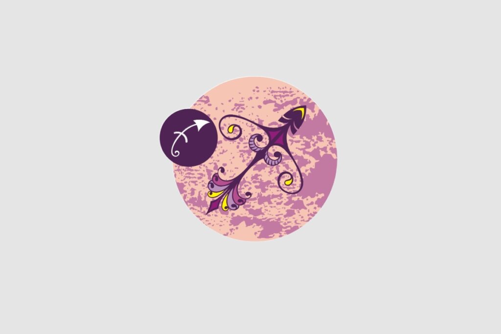 Ilustração do signo de Sagitário, com uma flecha decorada, dentro de um círculo rosado. O fundo da imagem é composto pela cor cinza