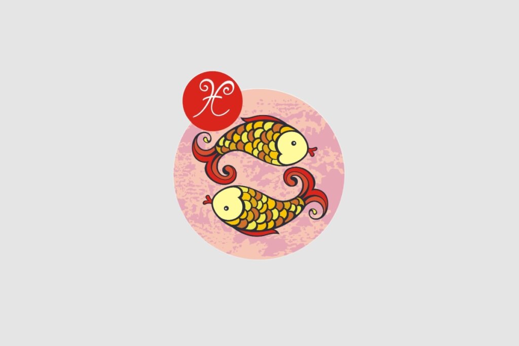 Imagem ilustrativa do signo de Peixes com dois peixes amarelos de cauda vermelha entrelaçados, dentro de um círculo rosado. O fundo da imagem é composto pela cor cinza