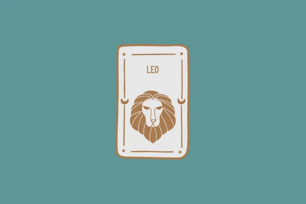 Ilustração do signo de Leão, em fundo verde-azulado, contendo a cabeça de um leão com juba estilizada em camadas 