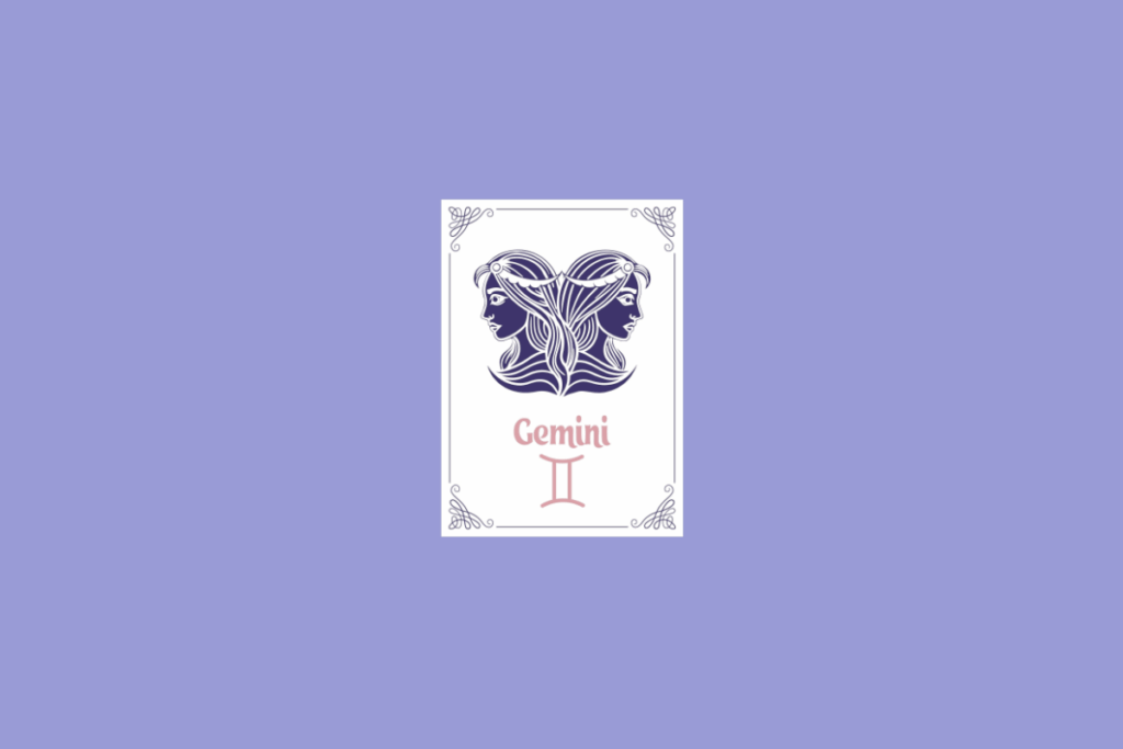 Ilustração do signo de Gêmeos, em fundo lilás, contendo uma carta branca com bordas ornamentadas, dois rostos femininos de perfil e cabelos entrelaçados em roxo-escuro e, abaixo, o nome "Gemini" e o símbolo do signo em rosa