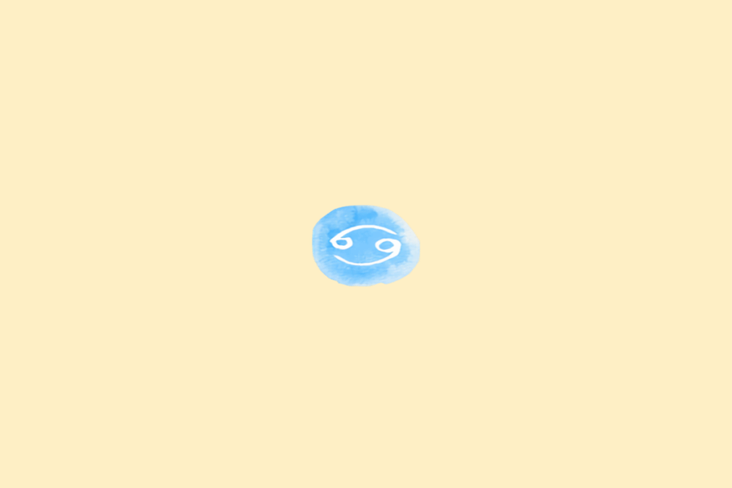 Símbolo do signo de Câncer em branco dentro de círculo azul em fundo amarelo